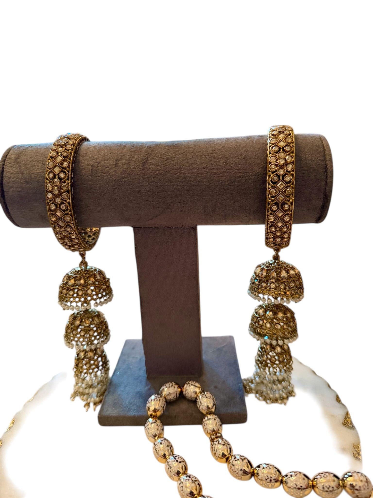 Antique Gold Tone Jhumka Bangle Set Indian Bridal Kada with jhumka