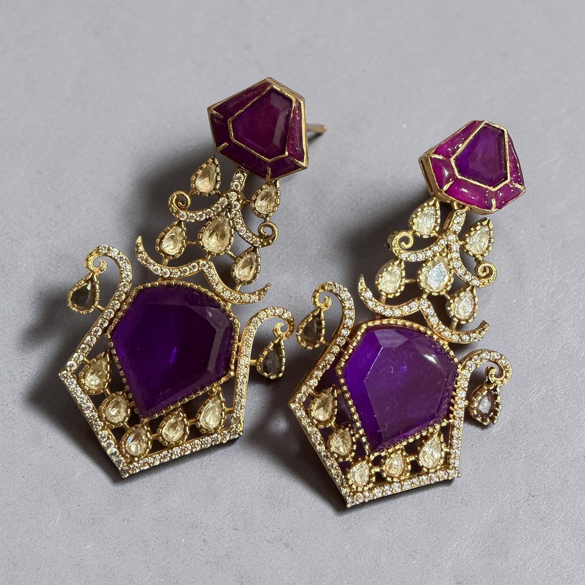 Amethyst Purple Statement Earrings Gold Tone monzonite Drop Earrings
