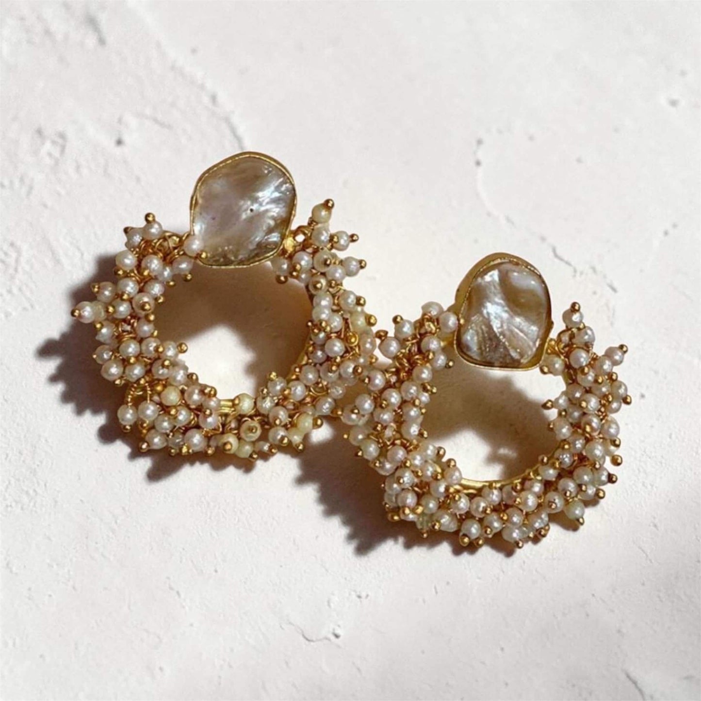 Baroque Pearl Hoop Earrings Gold Beaded Statement Earrings