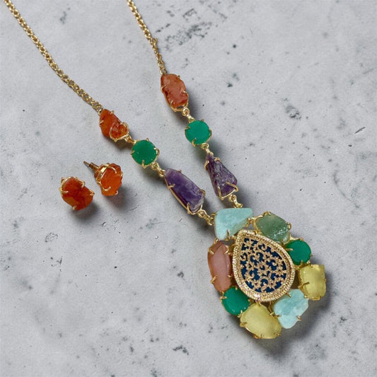Multicolor Natural Stone Statement Necklace and Earrings Set – Boho Gold-Tone Jewelry