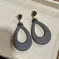 Gray Textured Leather Teardrop Statement Earrings with Crystal Top