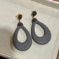 Gray Textured Leather Teardrop Statement Earrings with Crystal Top
