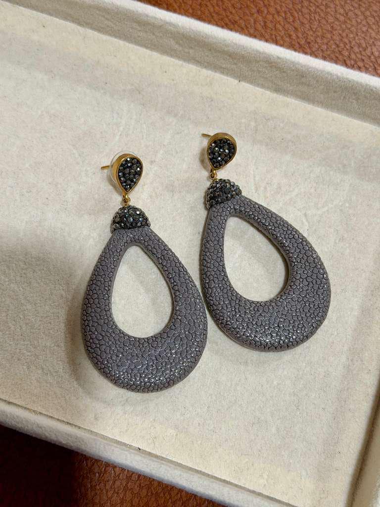 Gray Textured Leather Teardrop Statement Earrings with Crystal Top