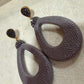 Gray Textured Leather Teardrop Statement Earrings with Crystal Top