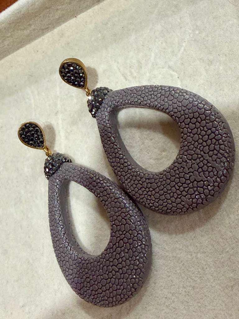 Gray Textured Leather Teardrop Statement Earrings with Crystal Top