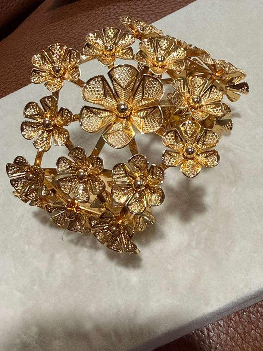 Gold Cuff Bracelet Statement Open Bangle Floral Cutwork Bracelet