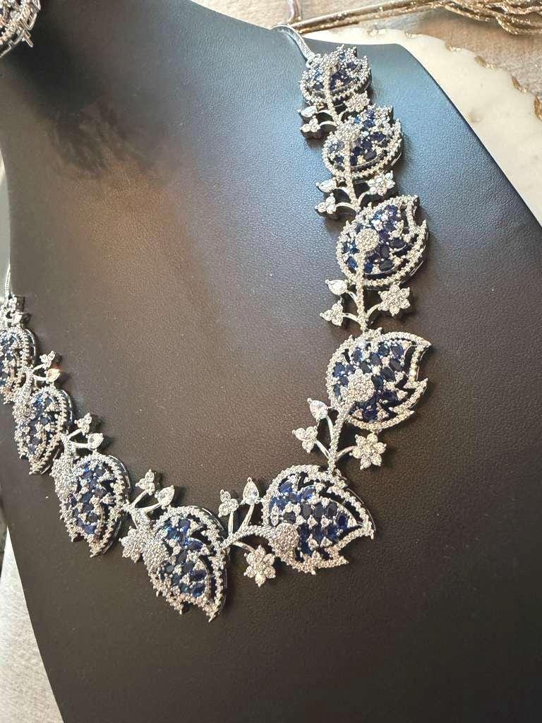 Midnight Sapphire Leaf Necklace Set Silver Tone Crystal Jewelry Blue Stone Bridal Set