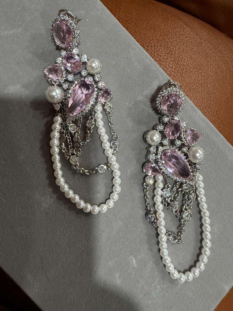Pink Crystal Pearl Chandelier Earrings – Bridal Statement Drop Jewelry