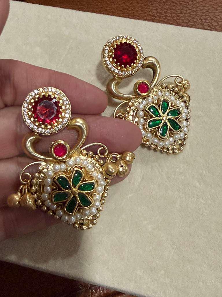 Red Green Kundan Floral Earrings: Indian Bridal Statement Jewelry