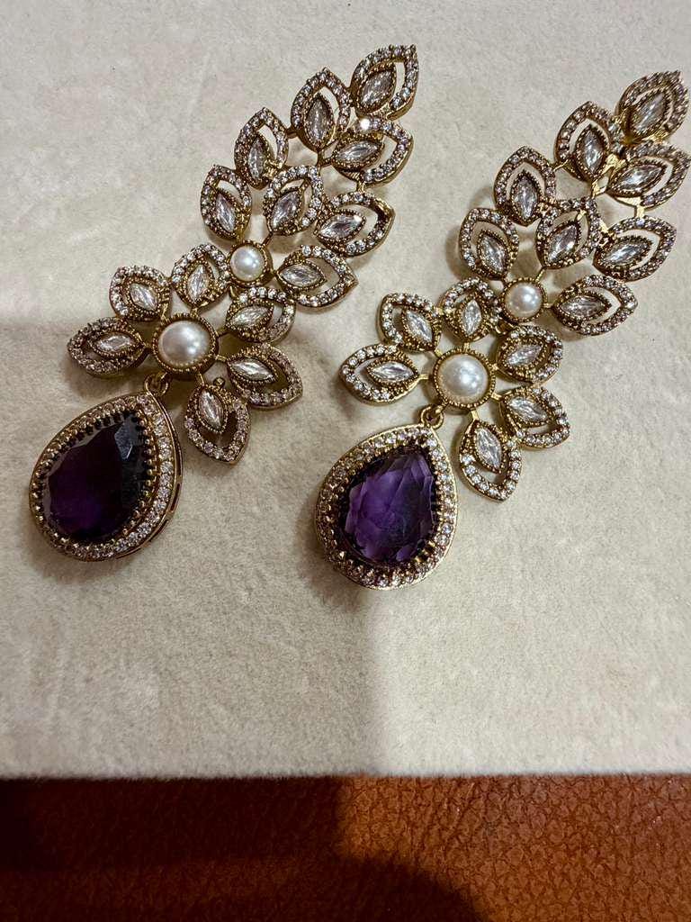 Purple Teardrop Crystal Floral Statement Earrings – Gold Bridal Drop Jewelry
