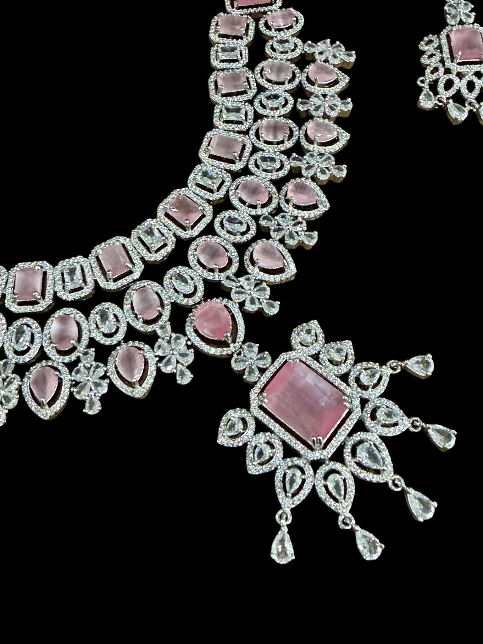 Blush Statement Necklace Set Layered CZ Bridal Jewelry Set Chandelier Earrings