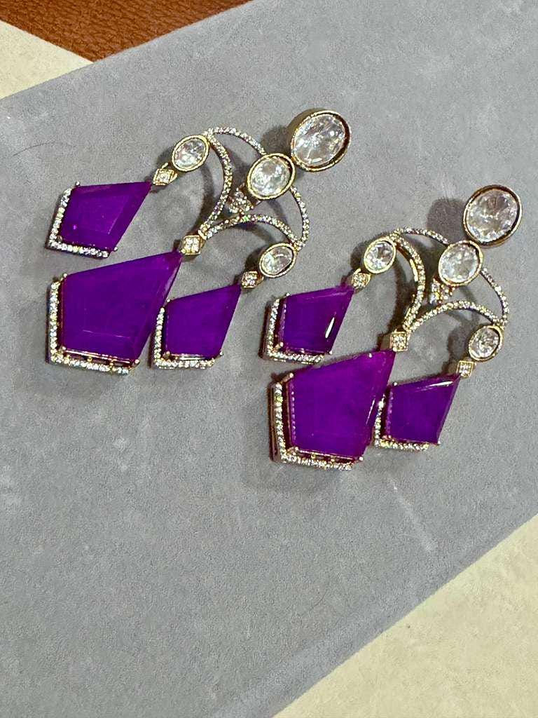 Purple Statement Earrings Gold Crystal Drop Earrings Geometric Dangle Earrings