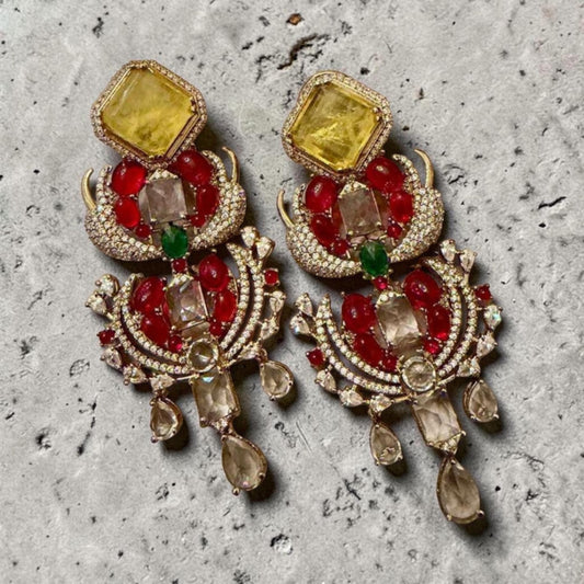 Gold Tone Multicolor Statement Earrings Red Green Cz Chandelier Earrings high end designer