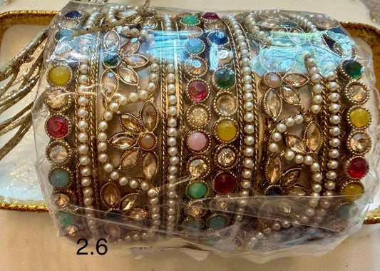 Multicolor Pearl Bridal Bangle Set two hands 2.6 Gold Tone Kundan Bangles