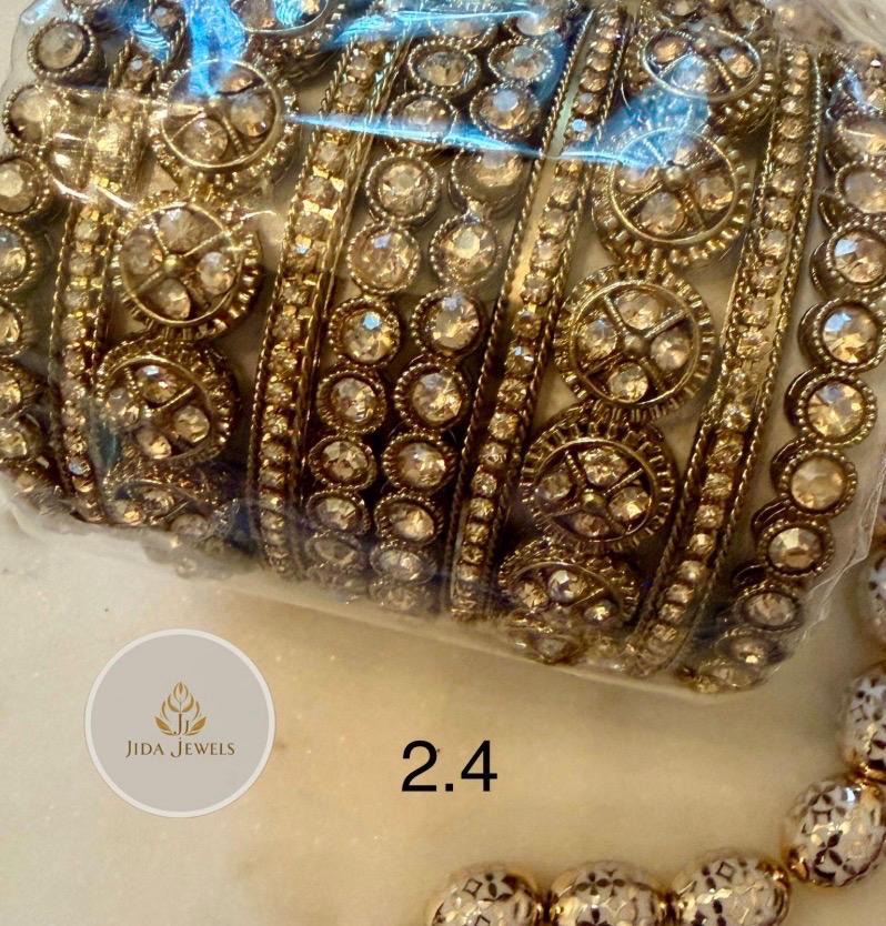 Antique Gold Crystal Bangle Set: Vintage Bridal Kada Stack (Size 2.4)