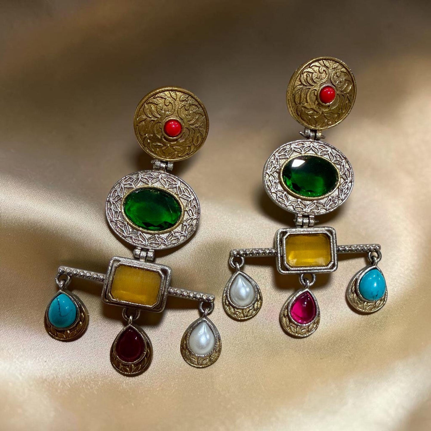 Multistone Statement Dangle Earrings Tribal Inspired Drop Earrings