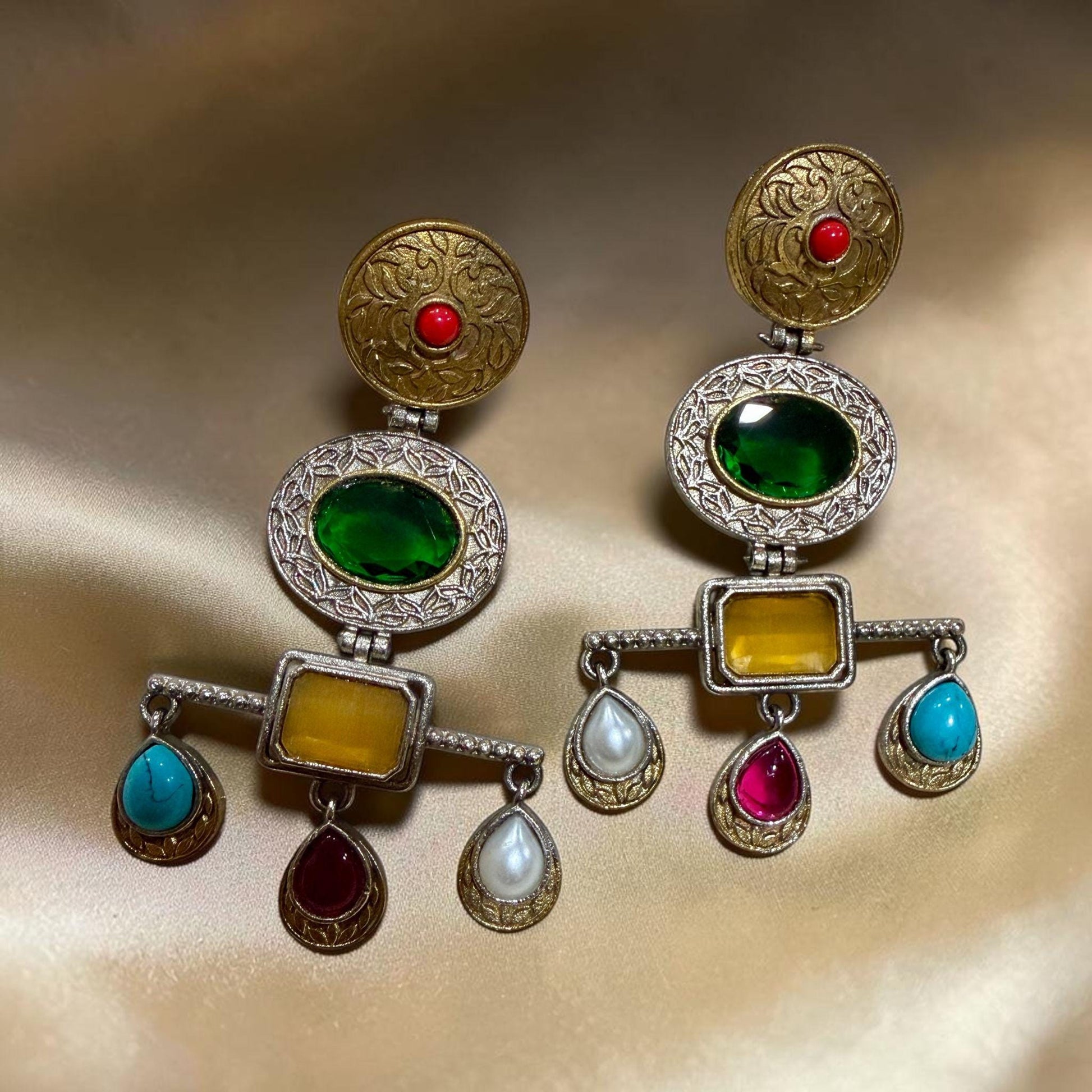 Multistone Statement Dangle Earrings Tribal Inspired Drop Earrings
