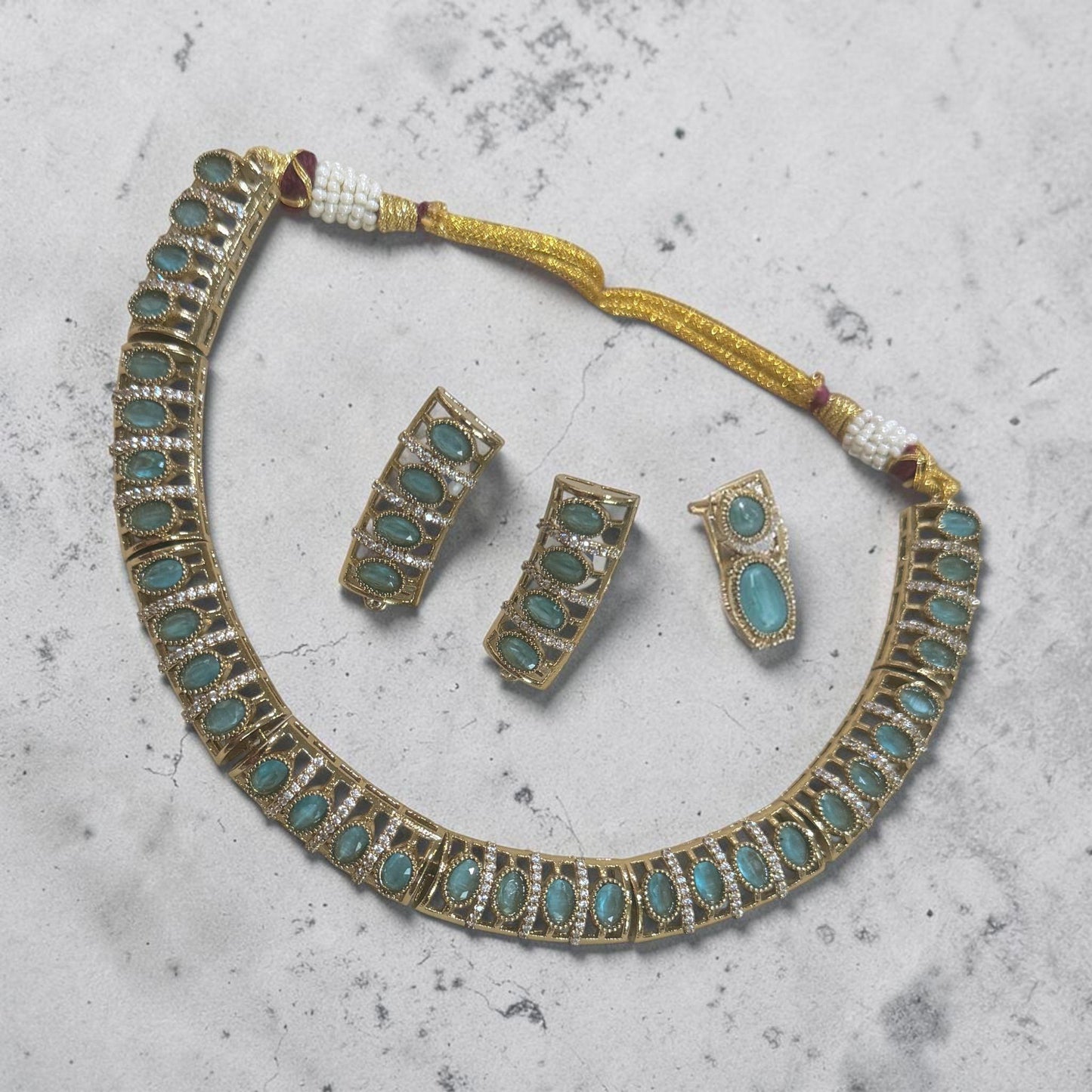 Turquoise Stone Necklace Set Gold Choker Necklace with Earrings Statement Bridal Jewelry