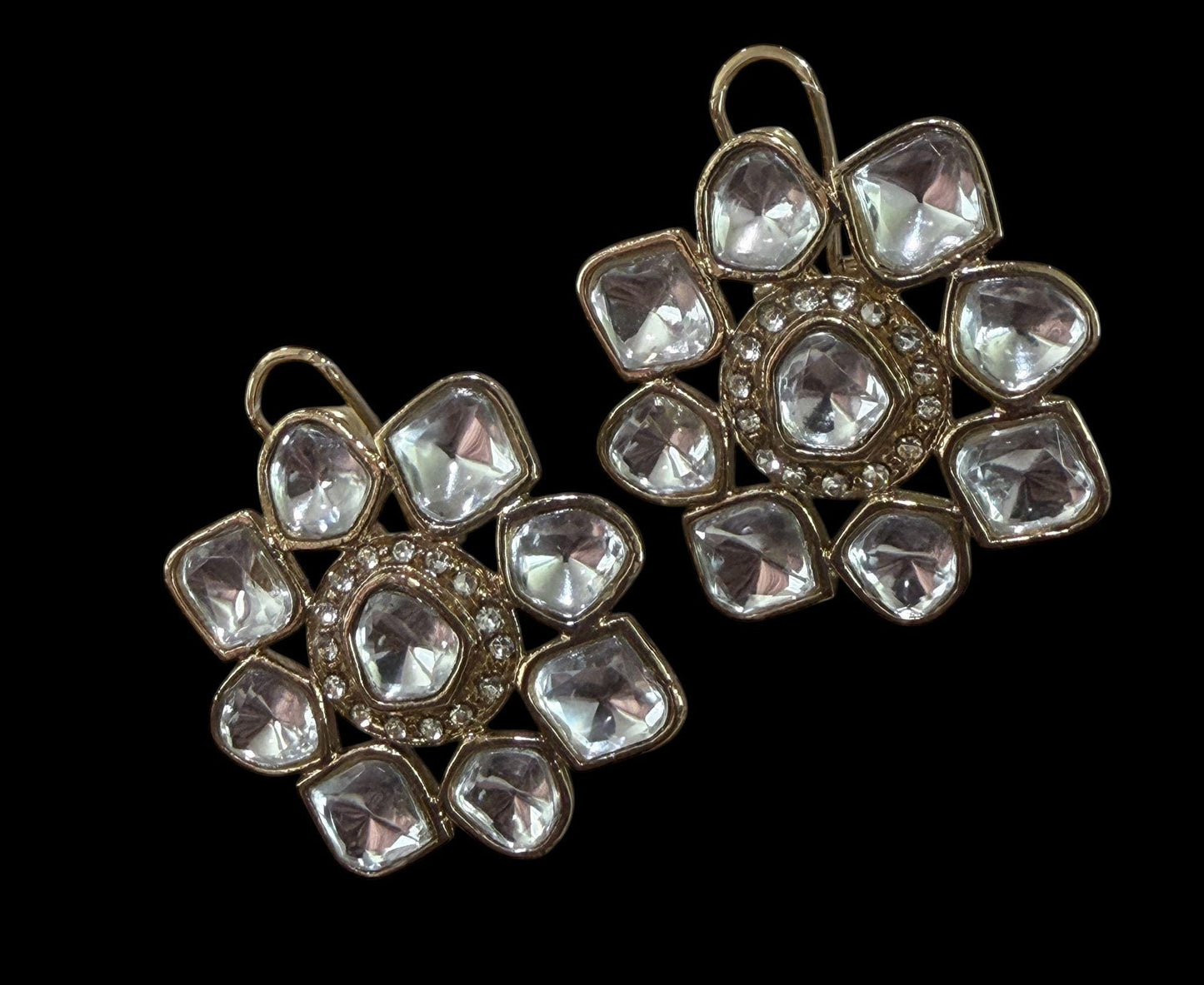 Floral Polki Stud Earrings Gold Statement Earrings Traditional Kundan Style Earrings