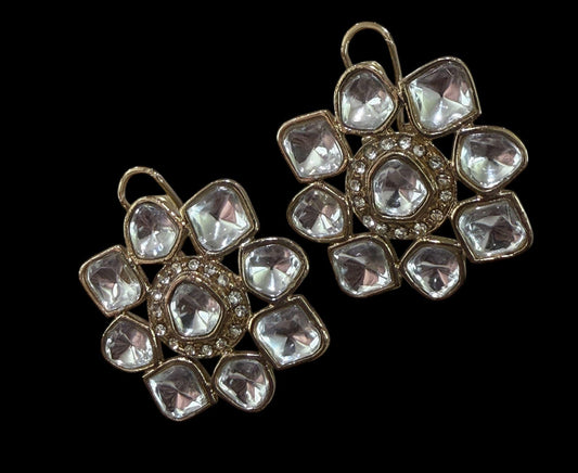 Floral Polki Stud Earrings Gold Statement Earrings Traditional Kundan Style Earrings