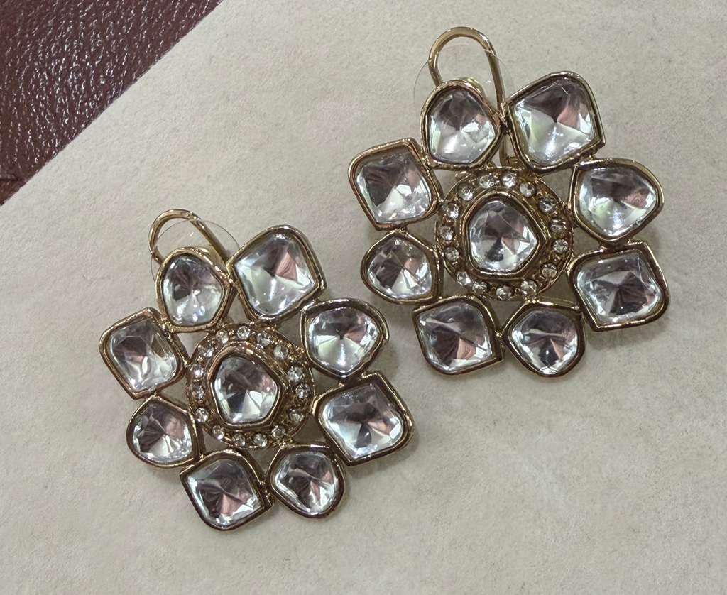 Floral Polki Stud Earrings Gold Statement Earrings Traditional Kundan Style Earrings