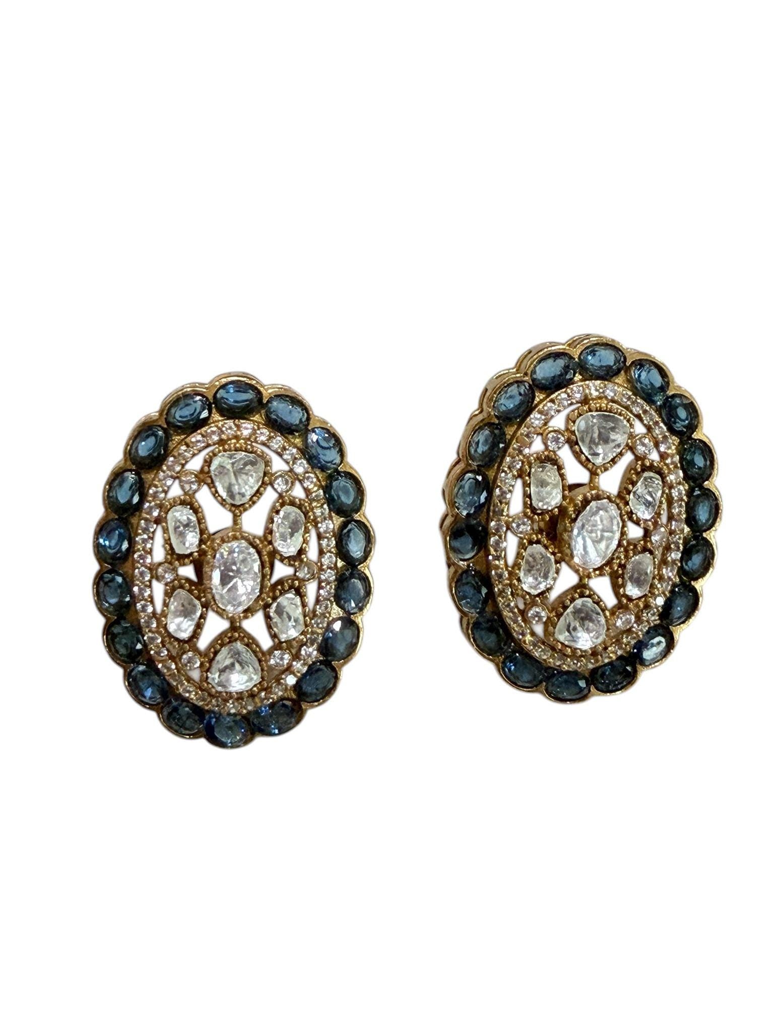 Midnight Halo Polki Stud Earrings Gold Statement Studs Oval Cocktail Earrings