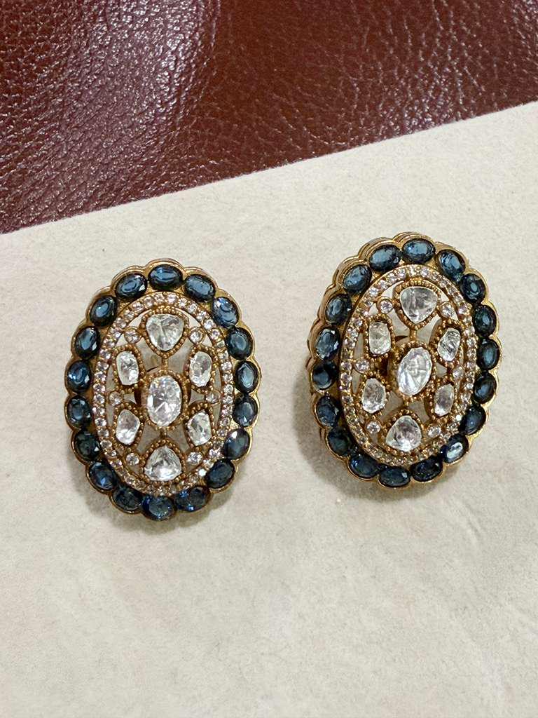 Midnight Halo Polki Stud Earrings Gold Statement Studs Oval Cocktail Earrings