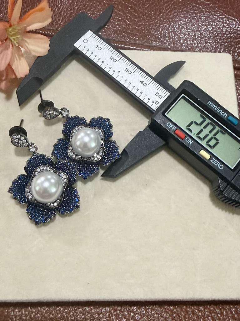 Royal Bloom Pearl Earrings Floral Statement Earrings Blue Evening Earrings