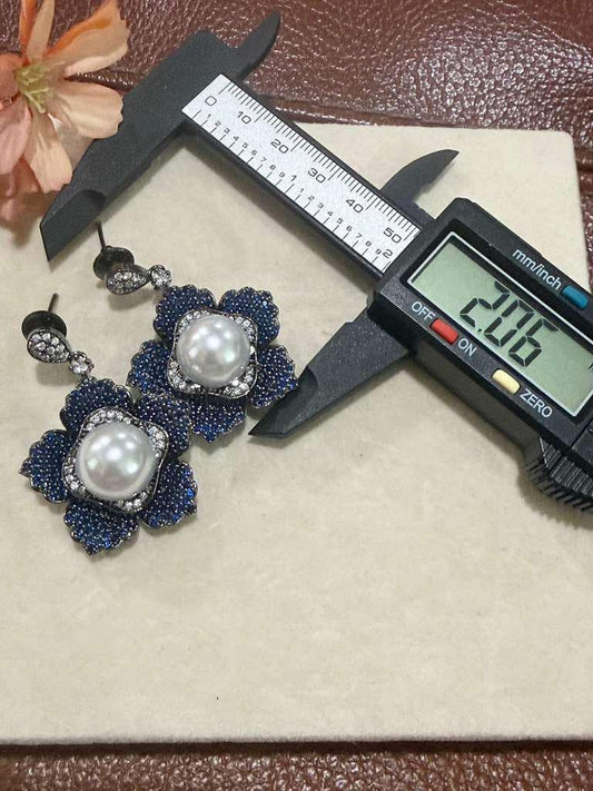 Royal Bloom Pearl Earrings Floral Statement Earrings Blue Evening Earrings