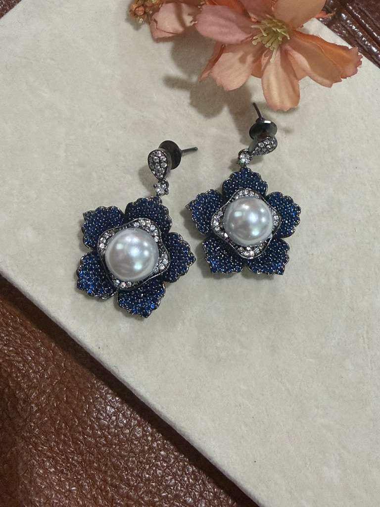 Royal Bloom Pearl Earrings Floral Statement Earrings Blue Evening Earrings