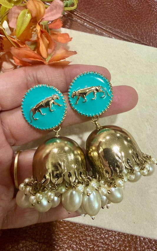 Safari Luxe Jhumka Earrings Tiger Motif Pearl Drop Earrings Statement Dome Earrings
