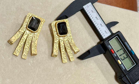 Textured Gold Geometric Earrings with Black Stone Statement Dangle Design