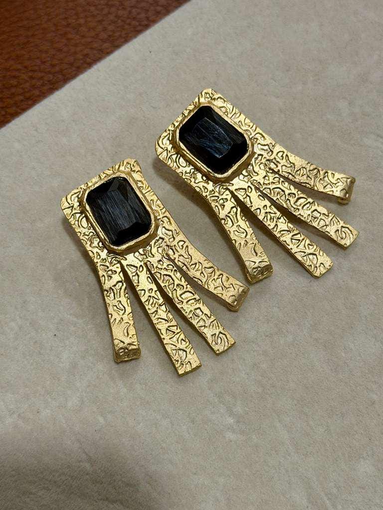 Textured Gold Geometric Earrings with Black Stone Statement Dangle Design