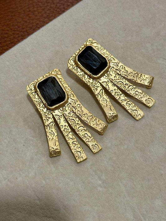 Textured Gold Geometric Earrings with Black Stone Statement Dangle Design