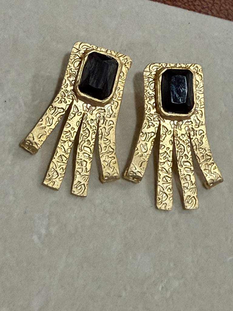 Textured Gold Geometric Earrings with Black Stone Statement Dangle Design