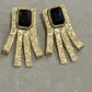 Textured Gold Geometric Earrings with Black Stone Statement Dangle Design