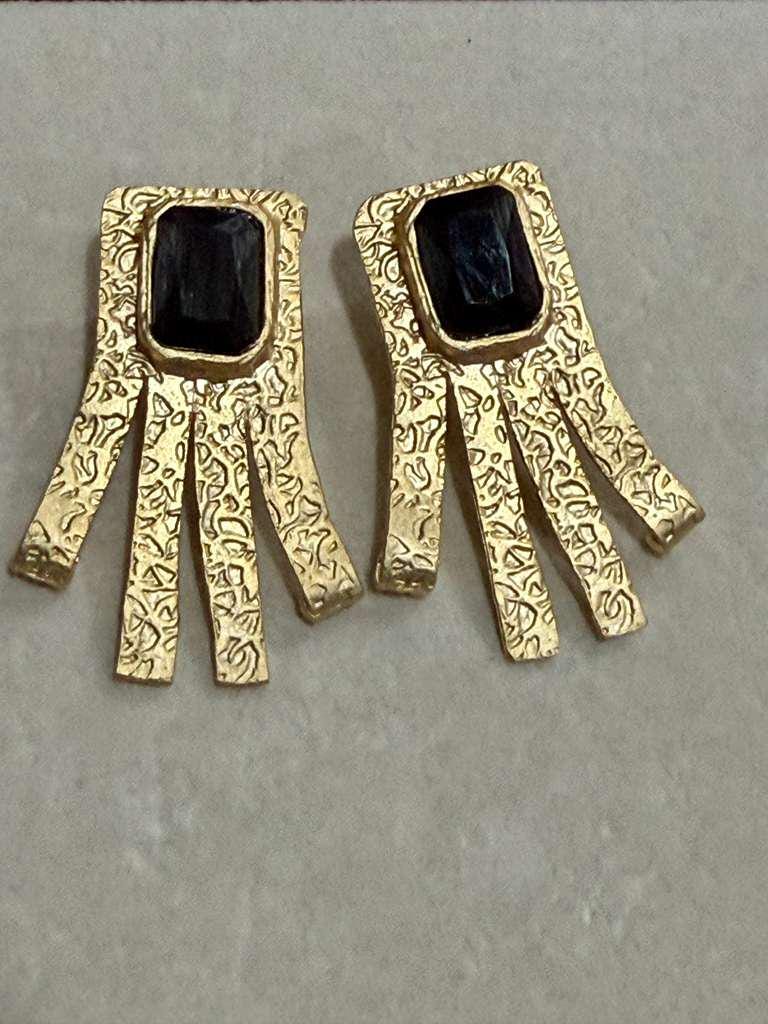 Textured Gold Geometric Earrings with Black Stone Statement Dangle Design