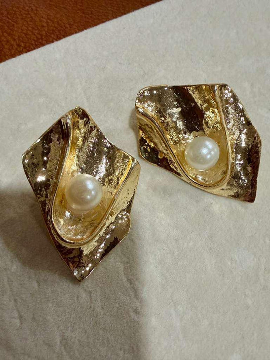 Gold Pearl Abstract Stud Earrings: Sculptural Organic Statement Jewelry
