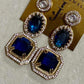 Blue Geometric Statement Earrings, Gold CZ Sapphire Drop Dangle Style
