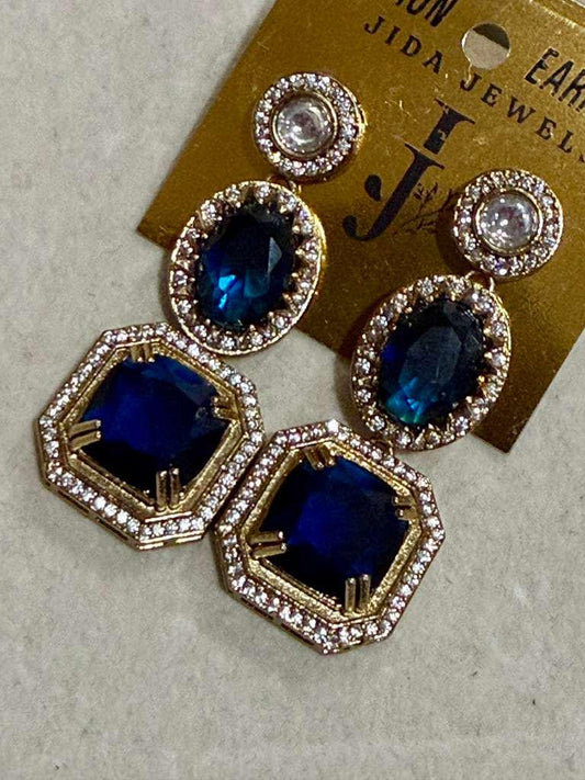 Blue Geometric Statement Earrings, Gold CZ Sapphire Drop Dangle Style