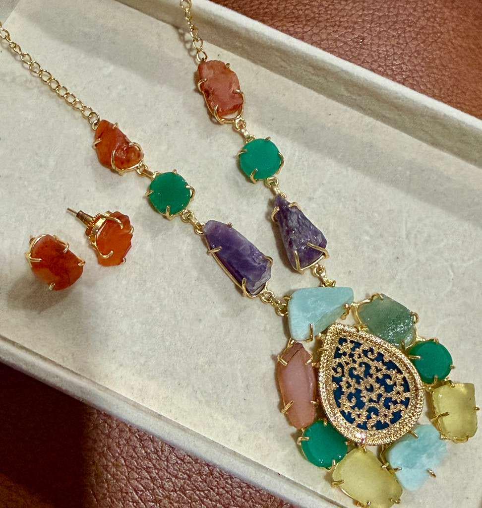 Multicolor Natural Stone Statement Necklace and Earrings Set – Boho Gold-Tone Jewelry