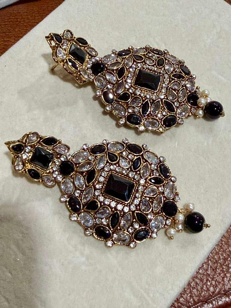 Black Kundan Statement Earrings, Gold Polki Bridal Dangle Jewelry