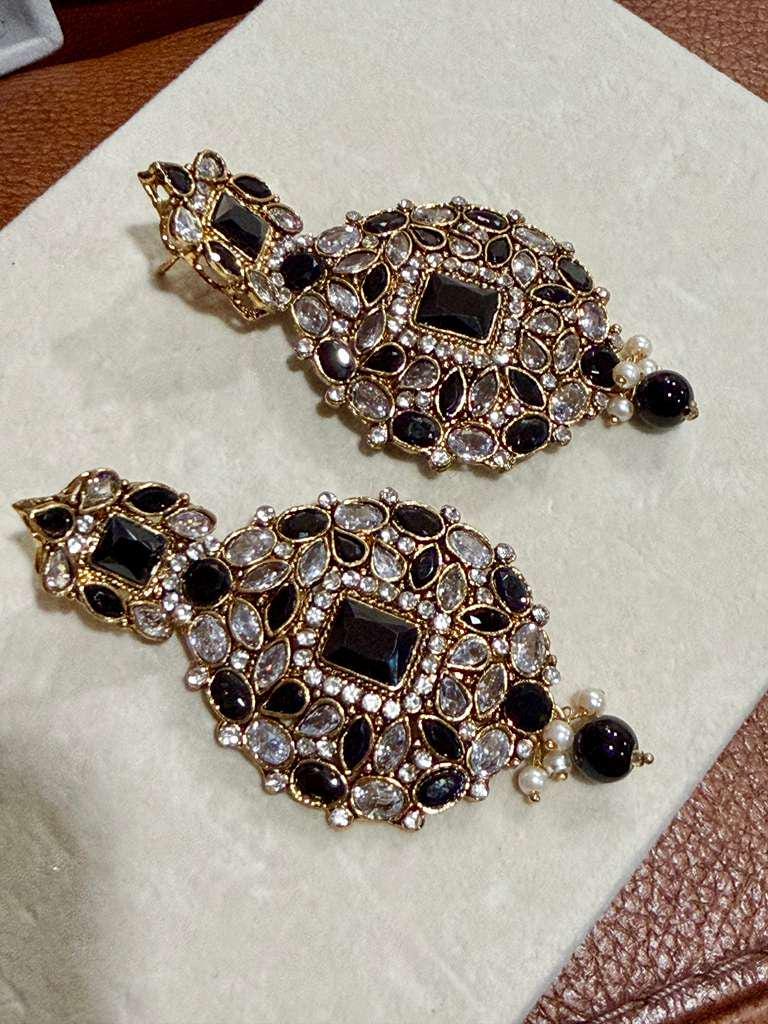 Black Kundan Statement Earrings, Gold Polki Bridal Dangle Jewelry