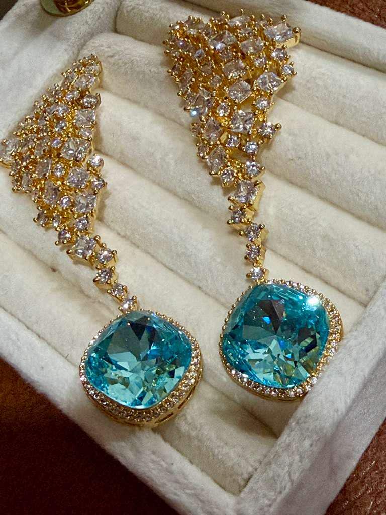 Blue CZ Stone Drop Earrings: Gold Bridal Wedding Statement Jewelry