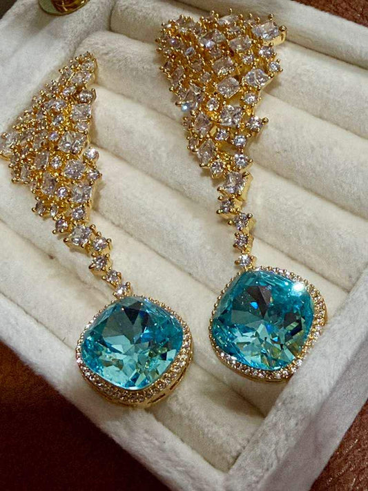 Blue CZ Stone Drop Earrings: Gold Bridal Wedding Statement Jewelry