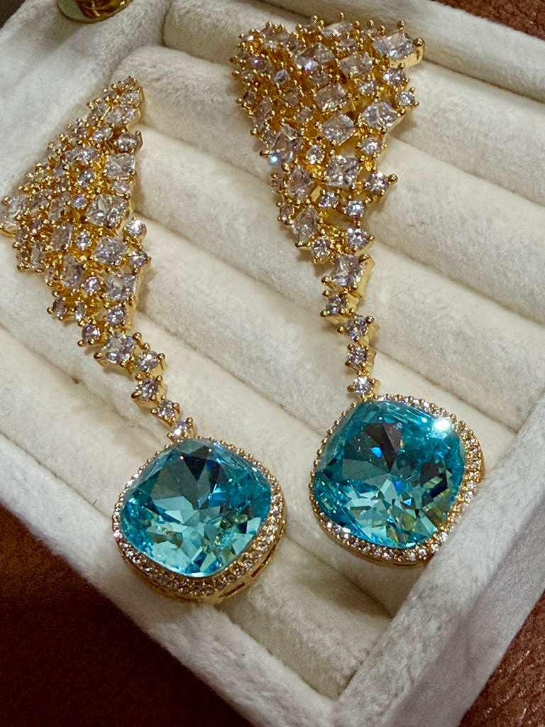Blue CZ Stone Drop Earrings: Gold Bridal Wedding Statement Jewelry
