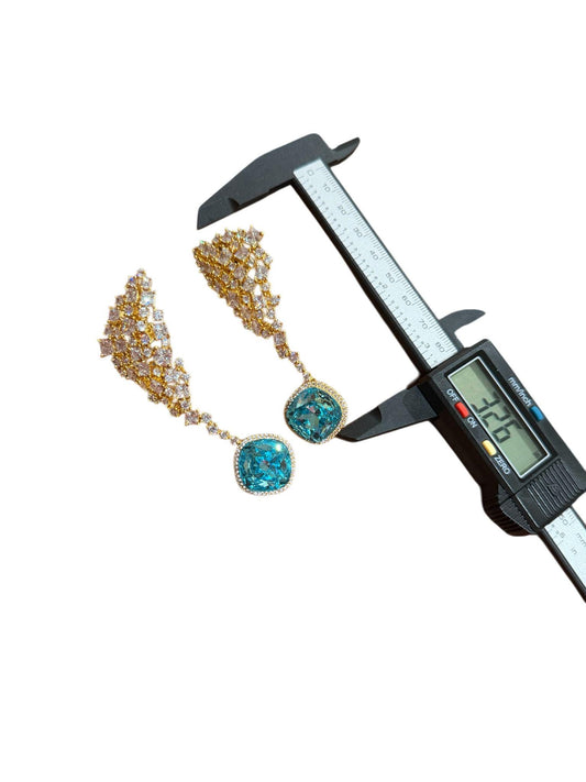 Blue CZ Stone Drop Earrings: Gold Bridal Wedding Statement Jewelry