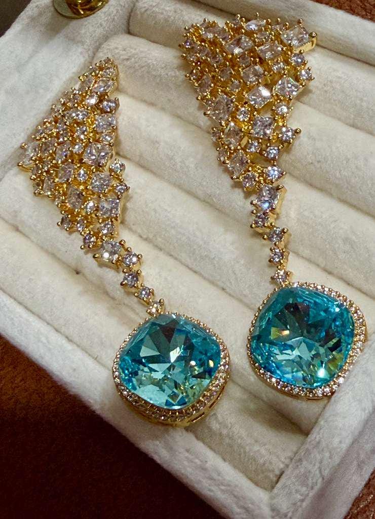 Blue CZ Stone Drop Earrings: Gold Bridal Wedding Statement Jewelry