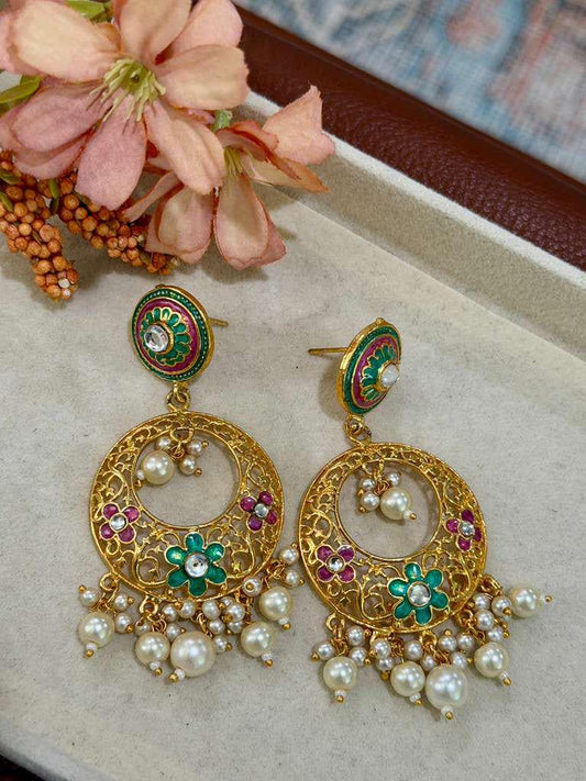 Royal Pearl Chandbali Earrings Traditional Floral Drop Earrings