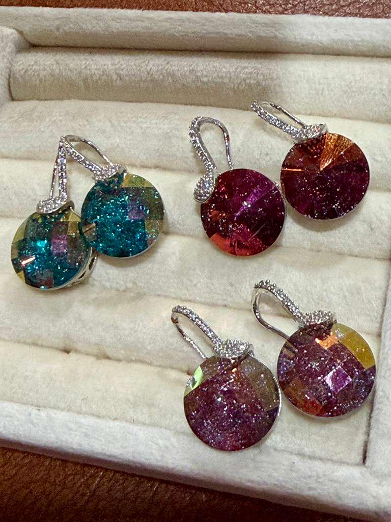 Disc Drop Earrings with Cubic Zirconia, Round Faceted Stones, Glam Statement Jewelry